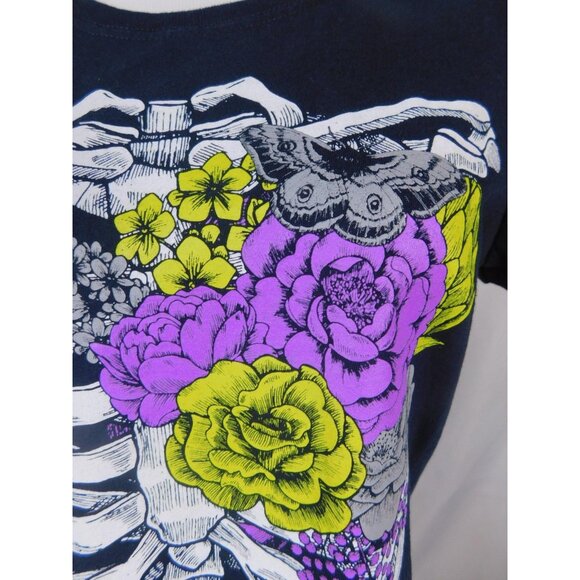 Michaels Shirt Womens Large Navy Graphic Skeleton Rib Cage Floral Goth Tee - Picture 5 of 10
